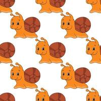Happy snail. Colored seamless pattern with cute cartoon character. Simple flat vector illustration isolated on white background. Design wallpaper, fabric, wrapping paper, covers, websites.