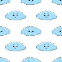 Happy cloud. Colored seamless pattern with cute cartoon character. Simple flat vector illustration isolated on white background. Design wallpaper, fabric, wrapping paper, covers, websites.