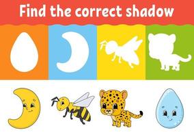 Find the correct shadow. Education developing worksheet. Matching game for kids. Activity page. Puzzle for children. Riddle for preschool. Cute character. Isolated vector illustration. Cartoon style.