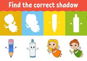 Find the correct shadow. Education developing worksheet. Matching game for kids. Activity page. Puzzle for children. Riddle for preschool. Cute character. Isolated vector illustration. Cartoon style.