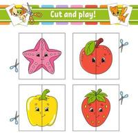 Cut and play. Flash cards. Color puzzle. Education developing worksheet. Activity page. Game for children. Funny character. Isolated vector illustration. Cartoon style.