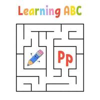 Square maze. Game for kids. Quadrate labyrinth. Education worksheet. Activity page. Learning alphabet. Cute cartoon style. Find the right way. Logical conundrum. Color vector illustration.