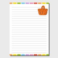 Sheet template for notebook, notepad, diary. Funny character. Isolated vector illustration. Cartoon style.