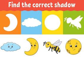 Find the correct shadow. Education developing worksheet. Matching game for kids. Activity page. Puzzle for children. Riddle for preschool. Cute character. Isolated vector illustration. Cartoon style.