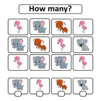 Counting game for children of preschool age. Learning mathematics. How many animals in the picture. With space for answers. Simple flat isolated vector illustration in cute cartoon style.