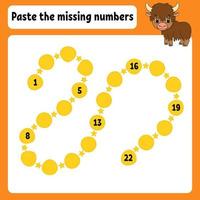 Paste the missing numbers. Handwriting practice. Learning numbers for kids. Education developing worksheet. Activity page. Game for children. Isolated vector illustration in cute cartoon style.