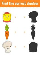 Find the correct shadow. Education developing worksheet. Matching game for kids. Activity page. Puzzle for children. Riddle for preschool. Cute character. Isolated vector illustration. Cartoon style.