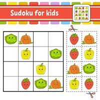 Sudoku for kids. Education developing worksheet. Activity page with pictures. Puzzle game for children. Logical thinking training. Isolated vector illustration. Funny character. Cartoon style.