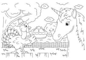 A farm turkey carries a pumpkin pie. Cute unicorn. Magic fairy horse. Coloring book page for kids. Thanksgiving Day. Cartoon style. Vector illustration isolated on white background.