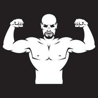 Bodybuilder strong man. Outline silhouette. Design element. Vector illustration isolated on black background. Template for books, stickers, posters, cards, clothes.