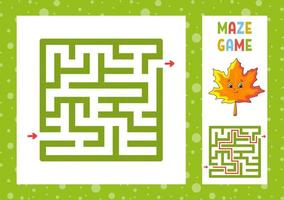 Square maze. Game for kids. Puzzle for children. Happy character. Labyrinth conundrum. Color vector illustration. Find the right path. With answer. Isolated vector illustration. Cartoon style.