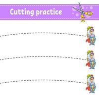 Cutting practice for kids. Fairytale theme. Education developing worksheet. Activity page. Color game for children. Isolated vector illustration. Cartoon character.