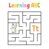 Square maze. Game for kids. Quadrate labyrinth. Education worksheet. Activity page. Learning alphabet. Cute cartoon style. Find the right way. Logical conundrum. Color vector illustration.