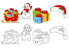 Establecer página para colorear para niños. tema de feliz navidad. lindos personajes de dibujos animados. trazo negro. con muestra. ilustración vectorial. vector