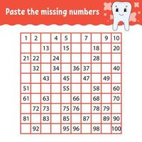 Paste the missing numbers. Handwriting practice. Learning numbers for kids. Education developing worksheet. Activity page. Game for children. Isolated vector illustration in cute cartoon style.