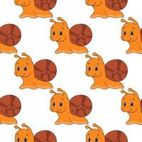 Happy snail. Colored seamless pattern with cute cartoon character. Simple flat vector illustration isolated on white background. Design wallpaper, fabric, wrapping paper, covers, websites.
