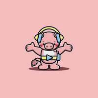 lindo cerdo escuchando música con auriculares personaje de dibujos animados vector