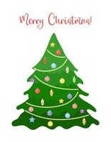 Merry Christmas greeting card. Decorated Christmas tree isolated. Vector illustration