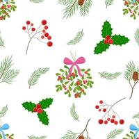 Christmas plants vector pattern. Floral decor elements on white background. Seamless holiday backdrop with mistletoe, fir branch, holly, twig with berries.
