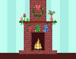Christmas brick fireplace decorated. Holiday home new year interior. Wreath, candles and hanging socks. Vector illustration