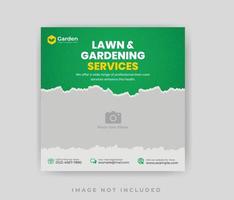 Servicio de cuidado de jardines de césped, publicación en redes sociales y plantilla de banner web vector