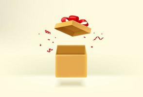 Caja de regalo vacía abierta con cintas y confeti. vector