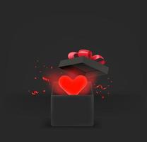 Opened gift box with red heart. 3d style vector banner with copy space