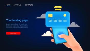 Man using credit card for payment via smartphone. Web banner template vector