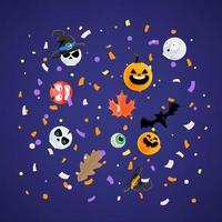 Halloween greeting card concept. Flying paper confetti and holiday accessories vector