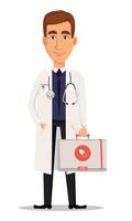 Young professional doctor holding first aid kit vector