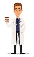 Young professional doctor holding cup of coffee, tired after hard day vector