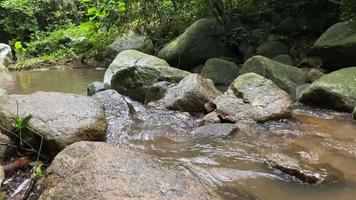 klares Wasser strömt durch verstreute Steine und führt zu einem kleinen Wasserfall. video