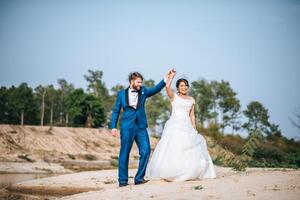 Asian bride and Caucasian groom have romance time and happy together photo