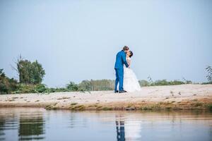 Asian bride and Caucasian groom have romance time and happy together photo