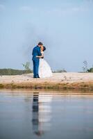 Asian bride and Caucasian groom have romance time and happy together photo