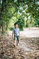 Happy boy playing alone in the park photo