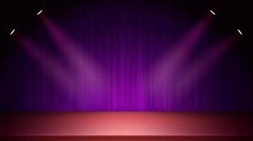 Bright stage with violet curtains and spotlights. 3D style realistic vector illustration