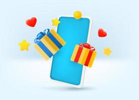 Gift boxes and modern smartphone. Surprize concept vector