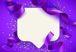 Blank white speech bubble with violet ribbons. Greeting card template with copy space vector