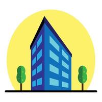 City multi storey building exterior view with windows and outside trees in flat style. Modern high-rise apartment or office building. Vector illustration.