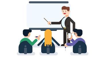 Young Businessman Giving Presentation to Colleagues in a meeting room. Man giving speech or presentation on a whiteboard. Business seminar and presentation concept. vector