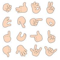 Cartoon hands set in different gestures. Hands show signs. Different hand positions, Isolated on white background. Vector illustration icon set.