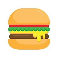 hamburguesa grande sabrosa aislada en el fondo blanco. hamburguesa de dibujos animados de diseño plano con queso y semillas de sésamo aisladas sobre fondo blanco. ilustración vectorial. vector