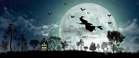 Halloween Silhouette of Witch flying over the full moon. photo