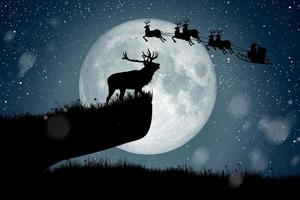 silueta de reno de pie en el acantilado para ver a santa claus volando en sus renos sobre la luna llena en la noche de navidad. foto