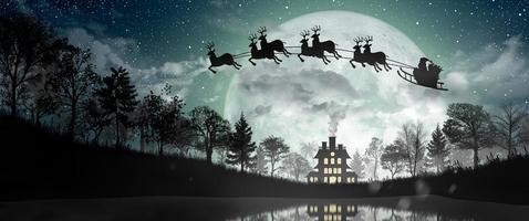 Silhouette of Santa Claus flying over the full moon.