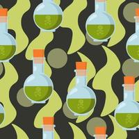 Poison bottle seamless pattern, green liquid in a container with a skull on a dark gray background vector