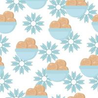 three balls of soft ice cream seamless pattern, cold dessert and snowflakes on white background vector