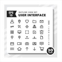 Set of outline icons about user interface. Contains such Icons as user, map, love, file, camera, home. Editable vector