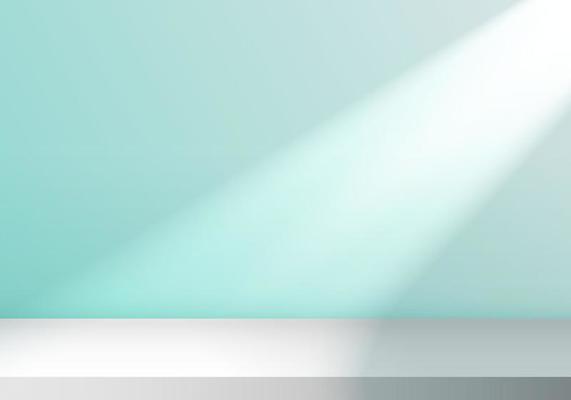 3D empty studio room with light shines from the window on stage soft blue minimal scene background